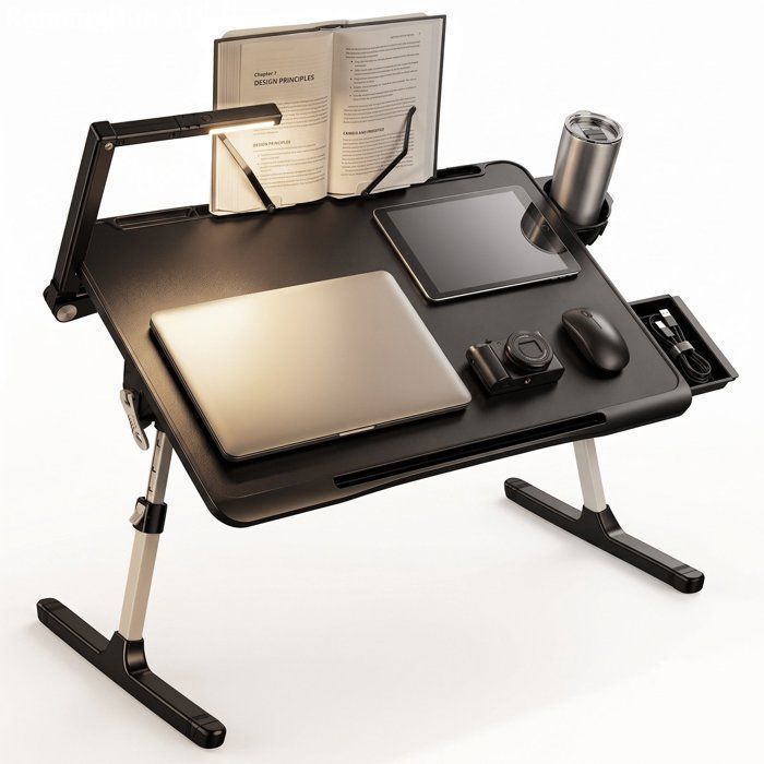 Table portable pour ordinateur sur lit inclinable bureau pliable avec support livre lampe LED rangement petit objets 60*40*36cm