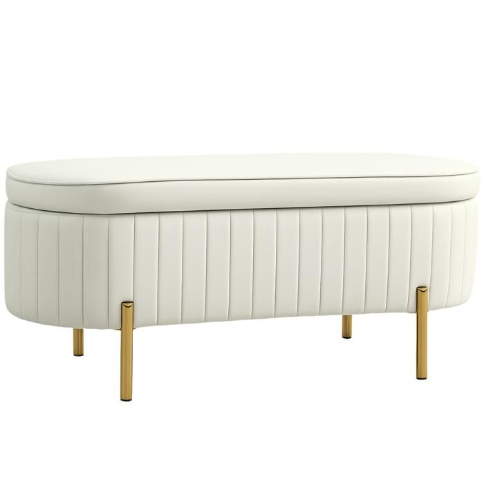 Pour chambre et entrée : banquette coffre de rangement bout de lit design ovale en velours crème pieds dorés