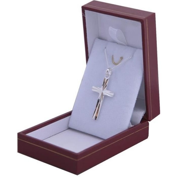 croix et chaine en argent 925 massif collier 50cm pour homme croix large taillée en soleil communion
