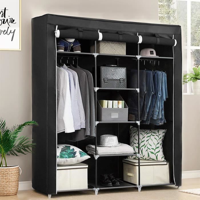 OUI-Armoire Penderie de Vêtement Meuble Rangement en Tissu Imperméable  Anti-poussière Noir