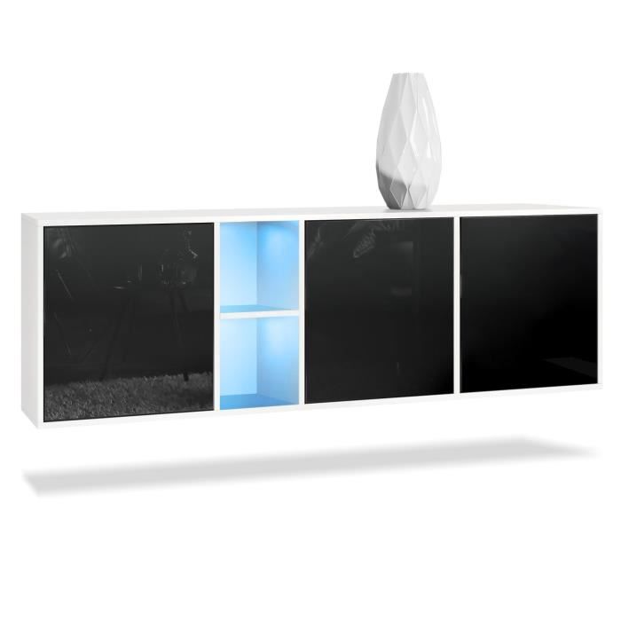 Vladon Buffet Armoire Cuba Corps en Blanc mat - Façades en Noir haute brillance avec éclairage LED