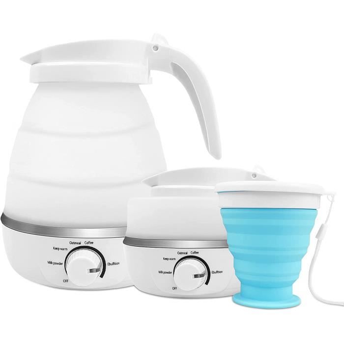 Bouilloire Pliable électrique 600 Ml - Voyage, Camping - Acier Inoxydable, Chauffage Rapide - Blanc
