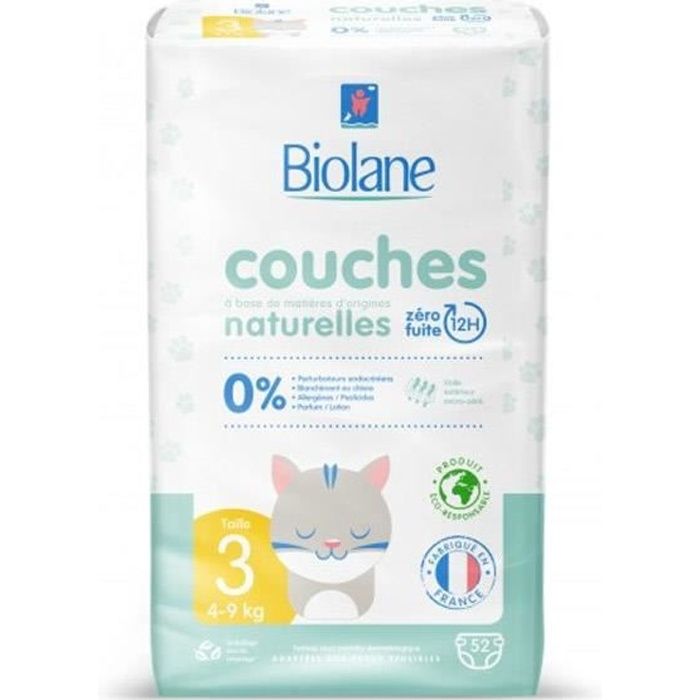 Biolane Couches Naturelles T3 (4-9 kg) 52 Couches - Cdiscount Puériculture  & Eveil bébé