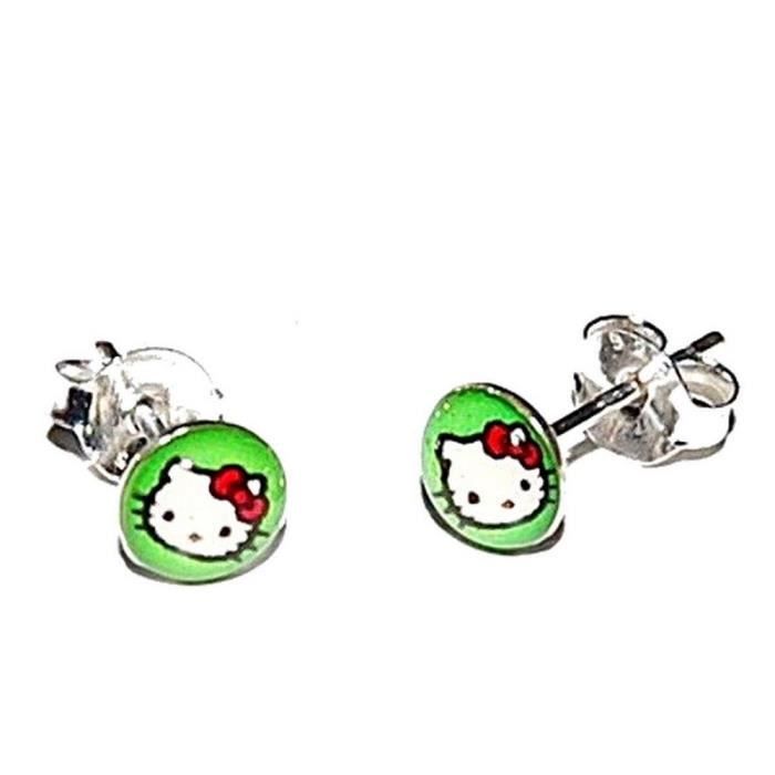 Boucles d'oreilles enfant bijoux Hello Kitty vert argent 925ème