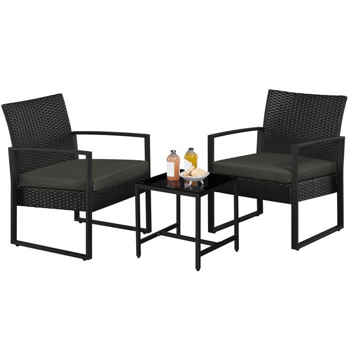 Salon de Jardin - Yaheetech - Ensemble de 1 Table et 2 Chaises - Résine Tressée Noir/ Gris Salon de Jardin - Yaheetech - Ensemble de 1 Table et 2 Chaises - Résine Tressée Noir/ Gris