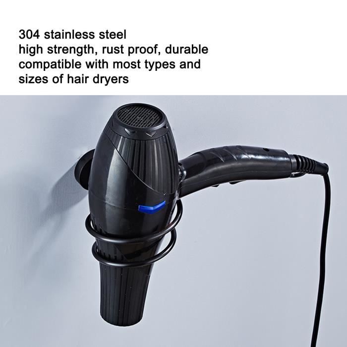 Porte Sèche Cheveux Sans Perçage Support Sèche-Cheveux Mural Noir Inoxydable Sans Perçage - Accroche Pratique Salle De Bain
