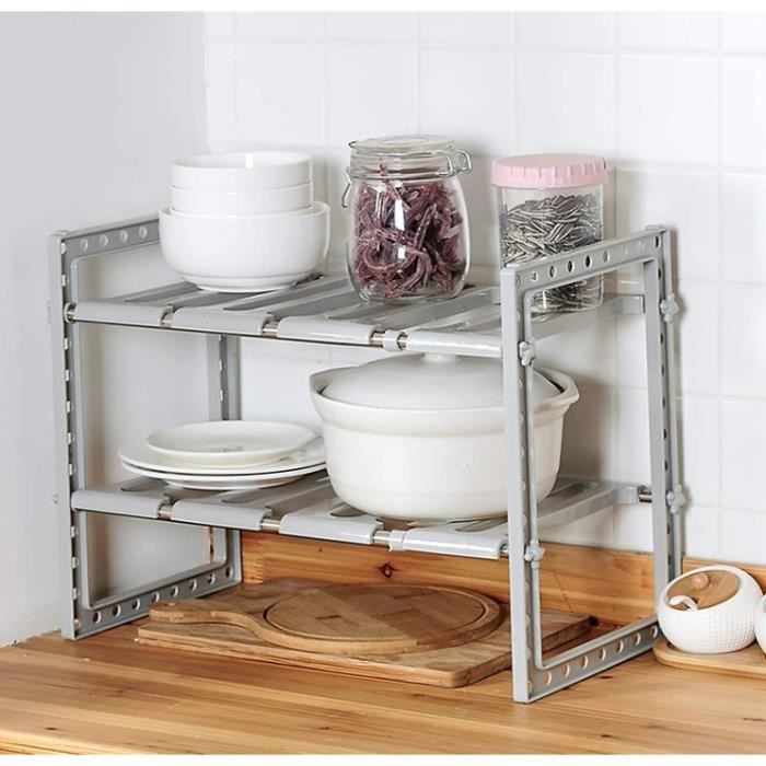 HAITRAL Étagère à 2 niveaux sous évier, étagère de rangement sous évier avec flexible et extensible pour armoires de cuisine et de salle de bain