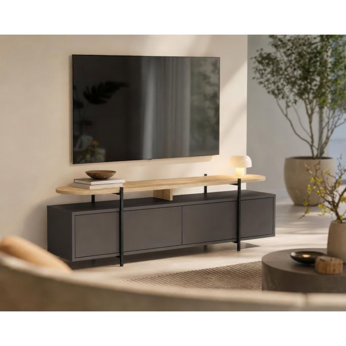 GENERIQUE Meuble TV HINOA 4 portes Ch&ecirc;ne/Noir pieds m&eacute;tal 160 cm