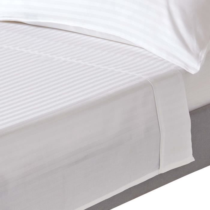 Drap plat - HOMESCAPES - Satin de coton égyptien 330 fils - Rayé - 270 x 300 cm - Blanc