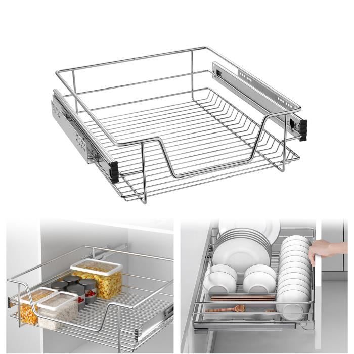 Tiroir Coulissant Argenté LANTUS – Organisateur Malin Pour Placard Cuisine 46 Cm, Avec Glissières Télescopiques Complètes