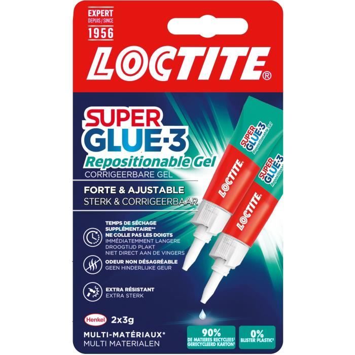 Colles Cyanoacrylates - LOCTITE - SUPERGLUE-3 - Repositionable - Gel 3g - Lot de 2 Blister - Carton 