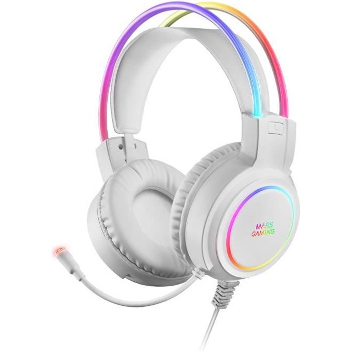 Casque Gaming Mars Gaming MHRGB Blanc - Microphone Professionnel - Son Spatial - Éclairage RGB Flow