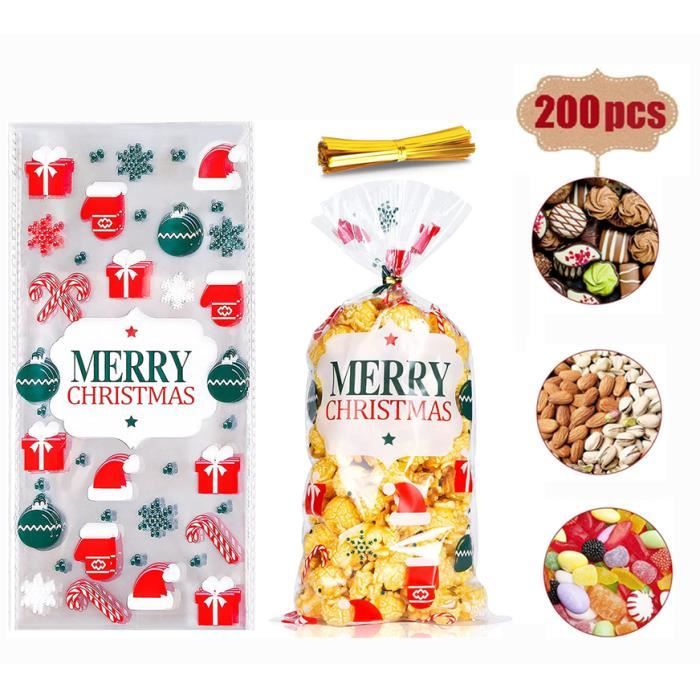 200pcs Sac à Bonbons Noël Transparent Sac de Bonbons Sachet