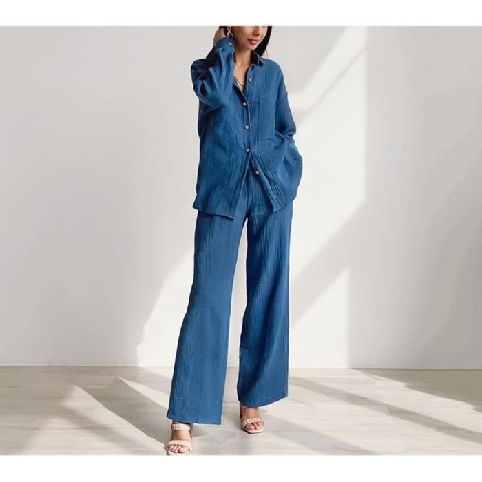 Survêtement Femme 2 Pièces Décontracté - Pantalon Droit Ample Et Chemise Col V Manches Longues - Couleur Unie Automne Hiver
