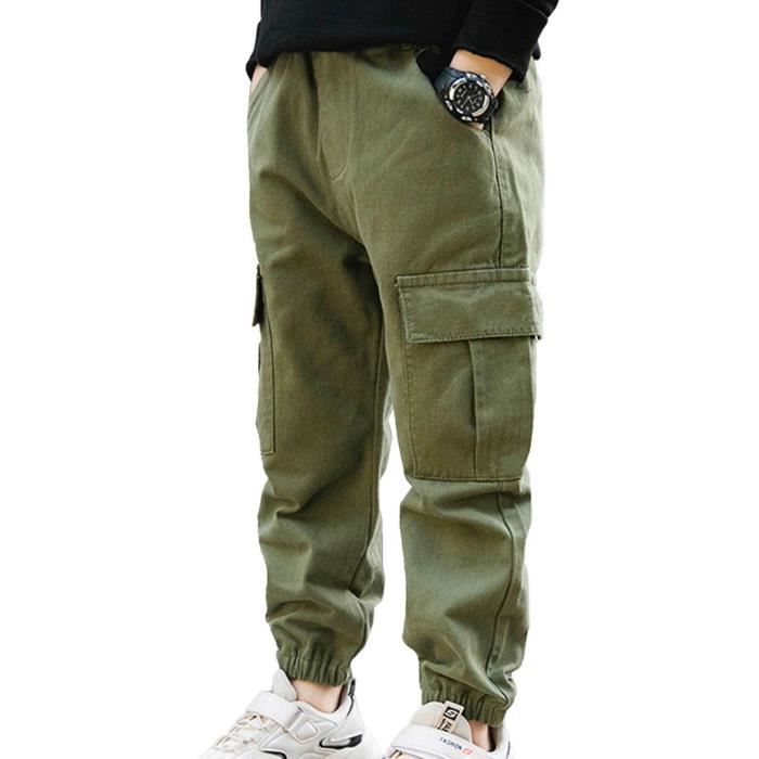 inlzdz Enfant Garçon Pantalon Cargo Jogger Élastique avec Poche Casual Décontracté 5-14 Ans Vert