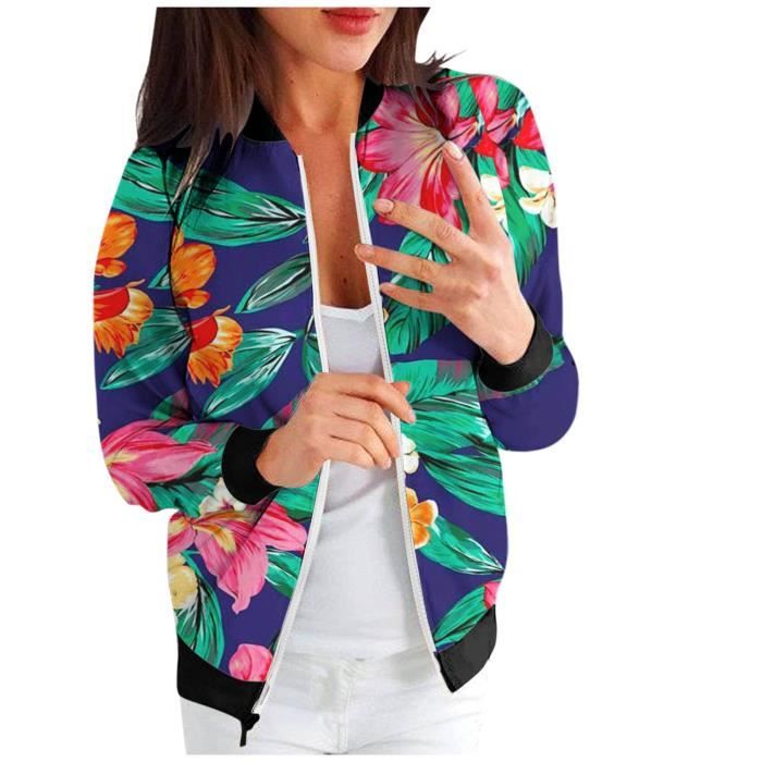 Bomber Femme Fleuri – Léger, Zippé, Manches Longues, Style Décontracté Printemps/automne