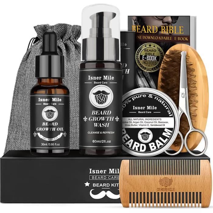 Kit Soins Barbe, kit d'entretien de barbe, Nettoyant à barbe, huile à barbe, baume à barbe avec Sac Voyage Cadeau
