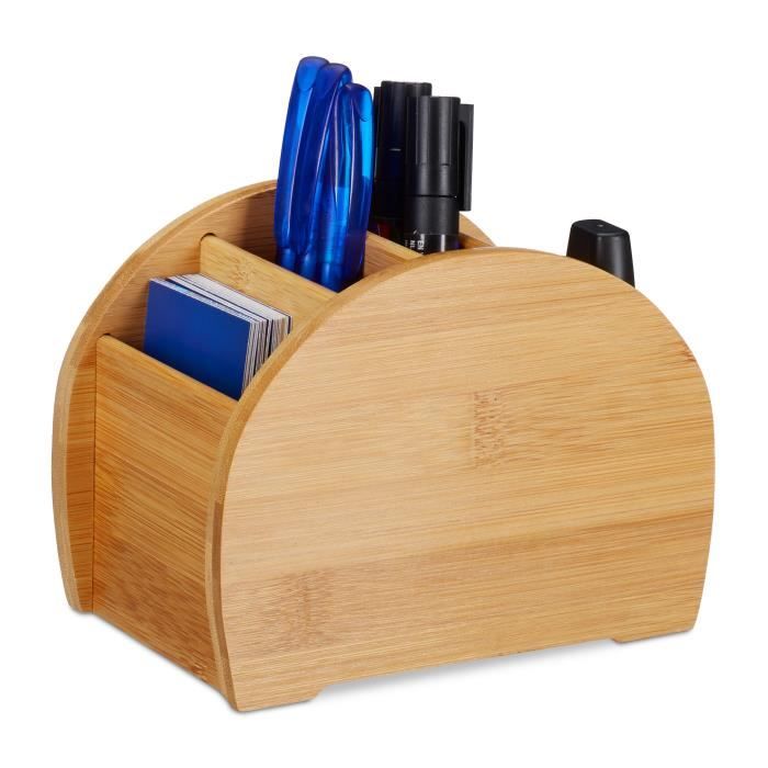 Relaxdays Porte-stylo en bambou, 4 compartiments, apparence naturelle, boîte à stylos, bureau, fournitures, naturel