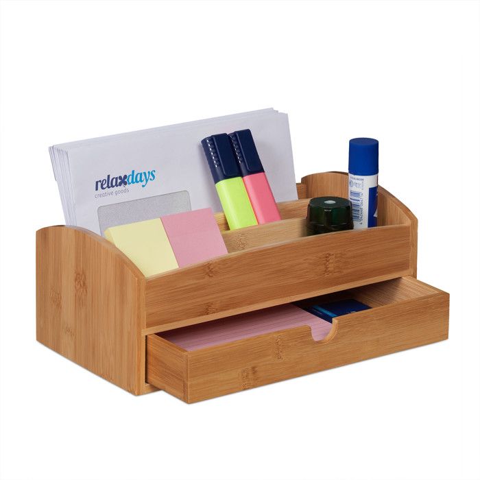 Organiseur Bureau Bambou Relaxdays 5 Compartiments - Rangement Naturel Stylé Pour Bureau Ou Cuisine
