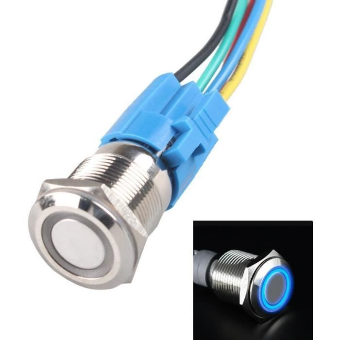 Interrupteur Voiture LED Bleu - Bouton Poussoir 16mm étanche 12V, Oeil D’ange, Métal