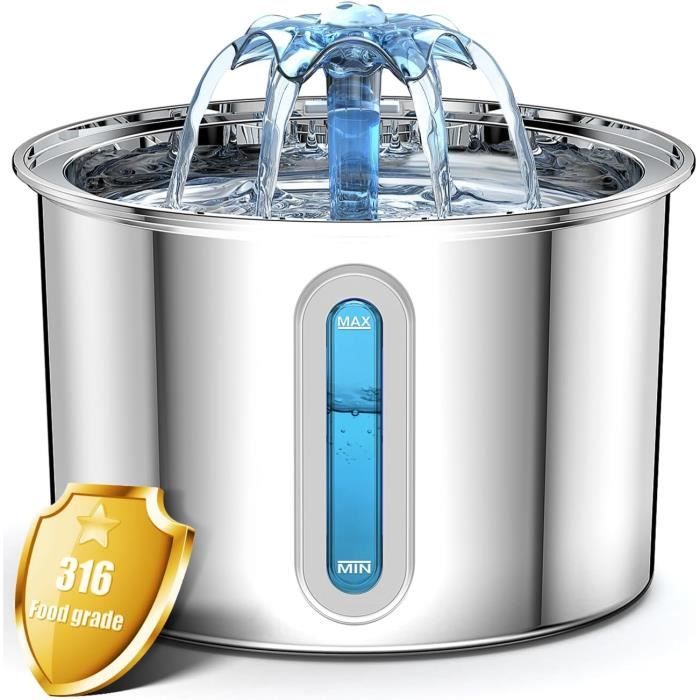 Fontaine à Eau Pour Chat En Acier Inoxydable 304 - Capacité 2L - Silencieuse (<30 DB) - Filtre à Charbon Actif - Fenêtre De Niveau D'eau LED - Lavable Au Lave-vaisselle