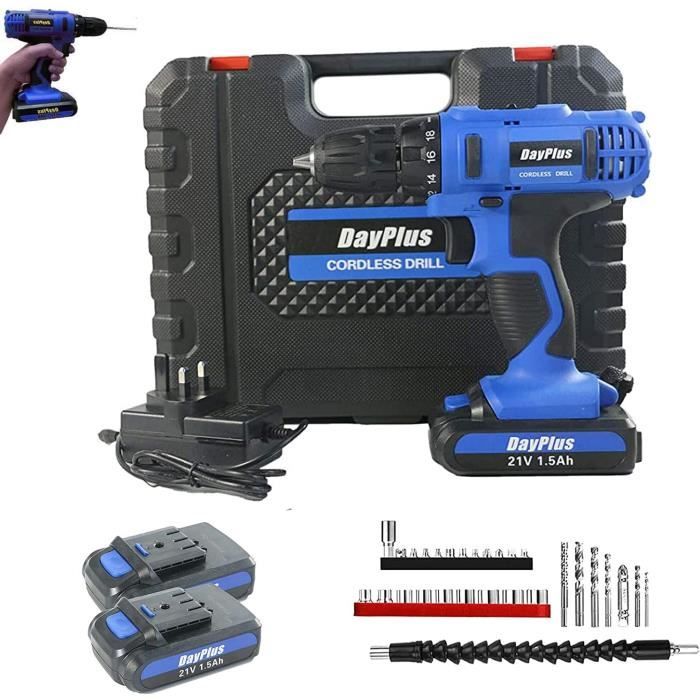 Visseuse Sans Fil 18 + 1 Couple 21 V 45 Nm - 2 Batteries Li-ion 1,5 Ah - 2 Vitesses - Lumière LED - Boîte à Outils Portable - 29 Accessoires