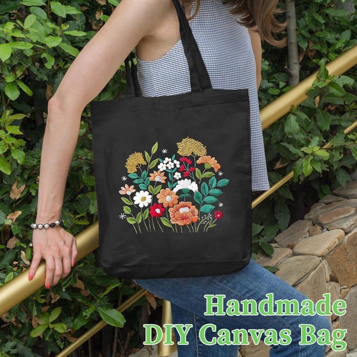 Kit Broderie DIY Pour Sac Fourre-tout En Toile Noire - Point De Croix Débutant - Loisir Créatif
