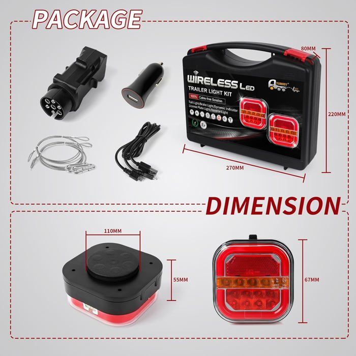 Yuanjoy Kit Feux Arrière De Remorque 12V/24V – Avec Clignotant, Stop, Recul, Brouillard, 2 Câbles De 5,5 M