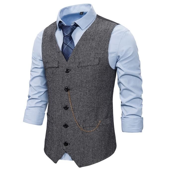 Homme Gilet de Costume Sans Manche Tweed Col en V Slim Fit Mode