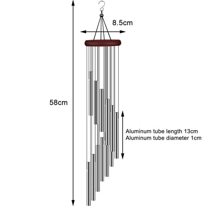 Carillon Éolien 12 Tubes Aluminium 58cm - Mélodie Apaisante Pour Jardin