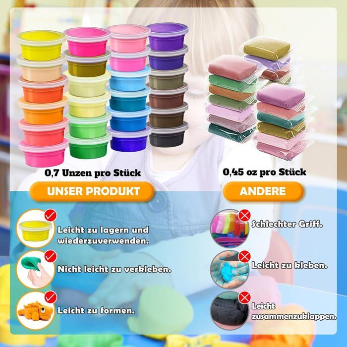 Kit Argile Autodurcissante 24 Couleurs – Pâte à Modeler Sans Cuisson Enfant, Air Dry Clay Non Toxique