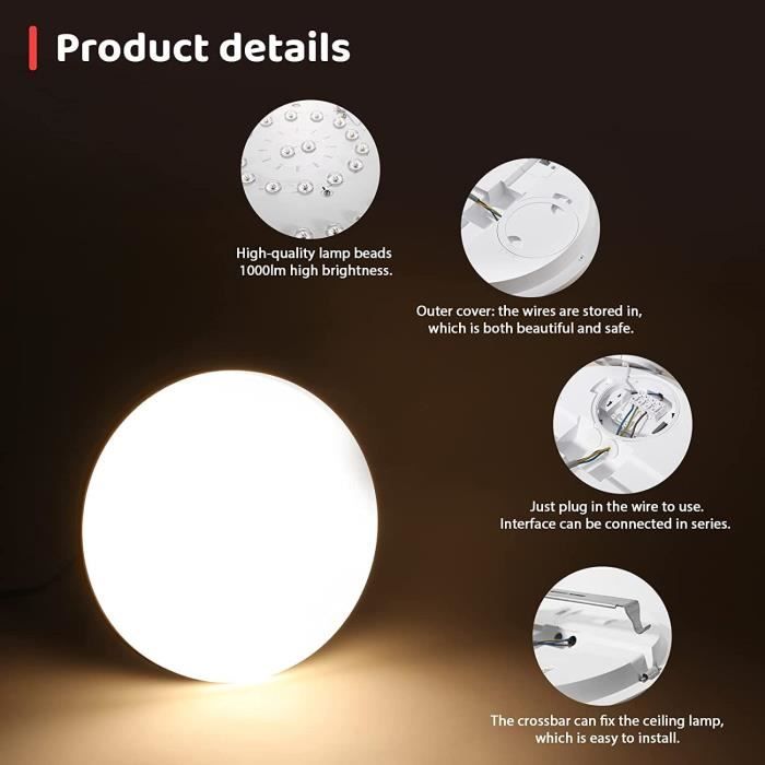 Plafonnier LED Kimjo - Ø 30cm * H 4cm - Rond - 48W IP44 6500K Blanc Froid  pour Bureau Salon Chambre Cuisine - Cdiscount Maison