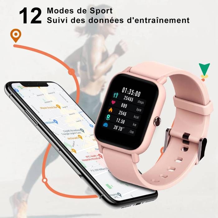 Montre Connectée Homme Femmes Enfant Montre sport Etanche IP68 pour iPhone  Samsung Huawei Android iOS-Rose