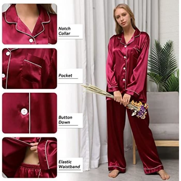 Ensemble de Pyjama Deux Pièces en Satin de Soie pour Femme, Pyjama ...