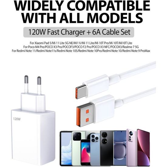 Chargeur Rapide 120W USB-C Pour Xiaomi Redmi POCO - Compatible Note 14 Pro, 13 Pro, Xiaomi 14T Pro - Câble 1m Inclus