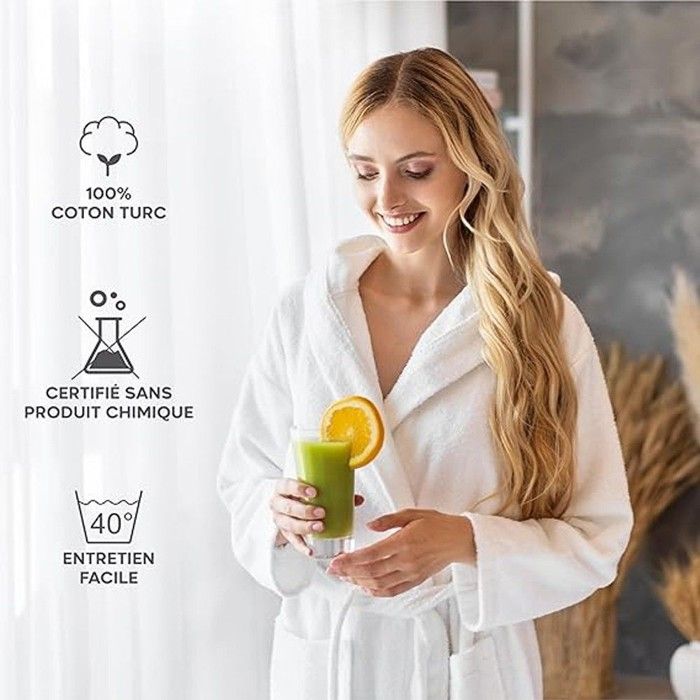 Twinzen Peignoir de Bain Femme - XS - Beige - 100% Coton avec Capuche - Certifié OEKO-TEX® - Robe de Chambre Eponge 2 Poches, Ceinture - Doux, Absorbant et Confort