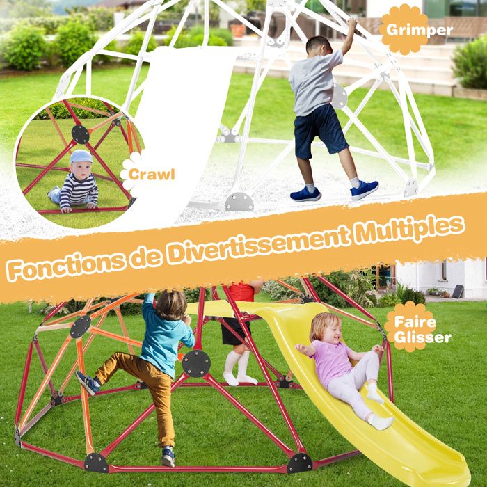 COSTWAY – Dôme D’escalade Enfant Avec Toboggan, Structure Métal 180 Kg, Plateforme Tissu Résistante UV, Aire De Jeux Intérieur/extérieur, Rouge, 3-10 Ans