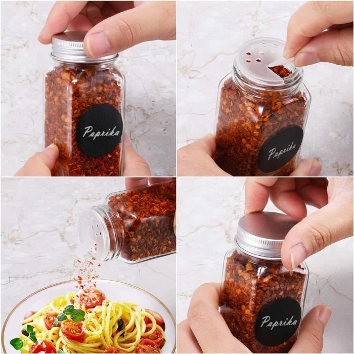 DIFULI Lot De 24 Pots à Épices Carrés 120 Ml + 340 Étiquettes & Accessoires – Organisation Cuisine Parfaite