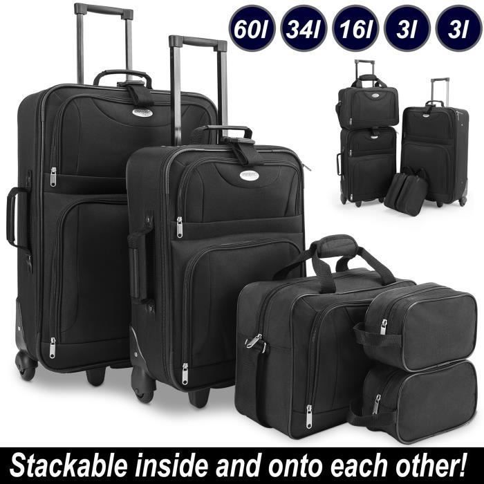 Set Valises Voyage MONZANA 5 Pièces - Trolleys Souples Noir - 60L + 34L + Sac + 2 Trousse