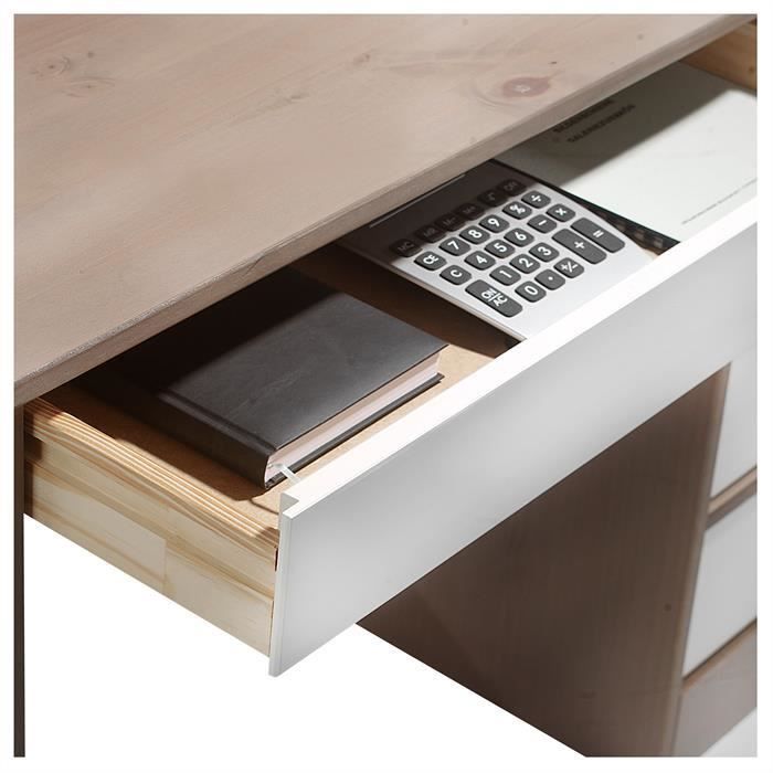 Bureau hugo avec rangement 5 tiroirs style scandinave en pin massif lasuré  blanc - Conforama