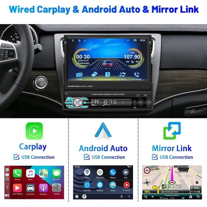 Hikity Autoradio 1 Din Bluetooth avec Navigation GPS 7 Pouces Écran Tactile  Retractable Poste Radio Voiture Bluetooth Main Libres avec FM AUX/USB/TF
