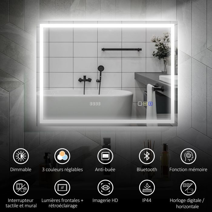 HOMCOM Miroir Salle De Bain Bluetooth Avec éclairage LED 60 X