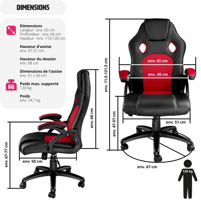 TecTake Chaise Gaming Ergonomique Avec Coussin Lombaire Et Nuque - Fauteuil Bureau Pivotant Noir - Télétravail Et Gaming