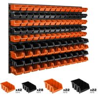 Lot de 114 boîtes XS et S bacs a bec orange et noir pour système de rangement 115 x 78 cm au garage