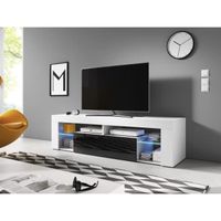 Meuble TV VIVALDI - EVEREST 2 - 140 cm - Blanc mat / Noir brillant avec LED - Style design