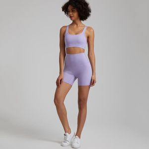 SHORT DE SPORT Ensemble de shorts de yoga sans couture pour femmes,vêtements de sport imbibés,haut court de fitness- Iris Purple Set