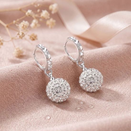 4 Paires De Boucles D'oreilles Boule Disco - Argent 925, Strass Blanc/noir/rose/bleu, Diamètre 6mm/8mm