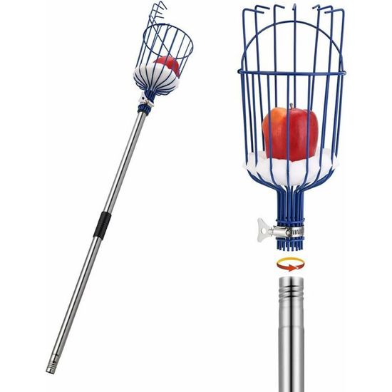 Cueille-fruits Télescopique - Longueur Réglable Jusqu'à 168 Cm - Panier 14 Cm - Manche Acier Inox - Pour Pommes, Poires, Agrumes
