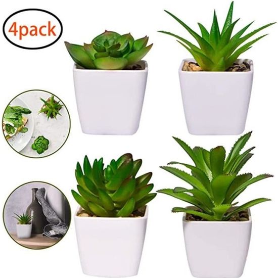 4pcs Plantes Artificielles Succulentes en Mini Plastique avec Pot en Céramique Fausses Plantes Vertes Décoration Table