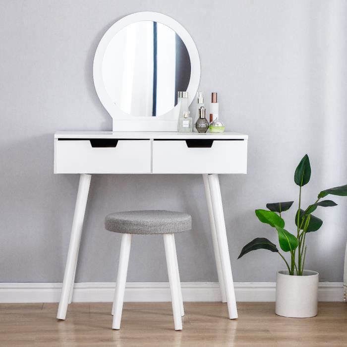 Coiffeuse Design Simple avec Miroir, 2 tiroirs, tabouret,Pieds en bois massif - 80 x 40 x 128 cm Blanc